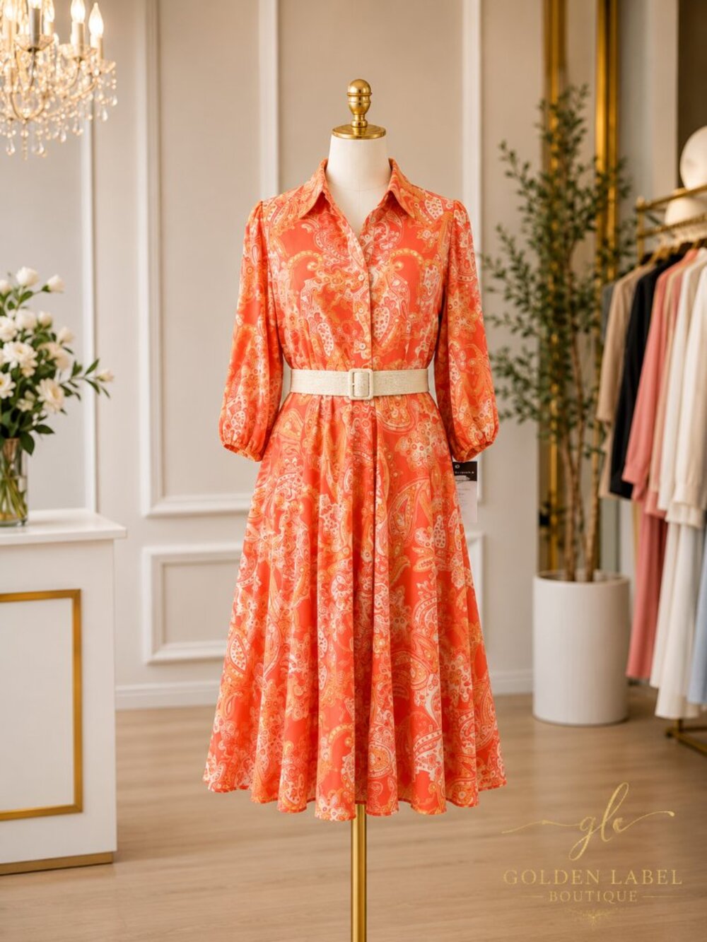 Tahari ASL Paisley Belted Fit & Flare Midi Dress Size 12 Coral Orange NWT